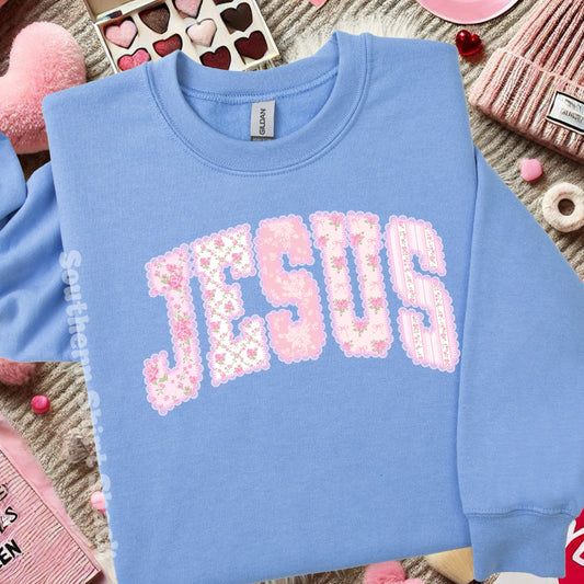 Fancy floral JESUS Sweatshirt | Carolina Blue
