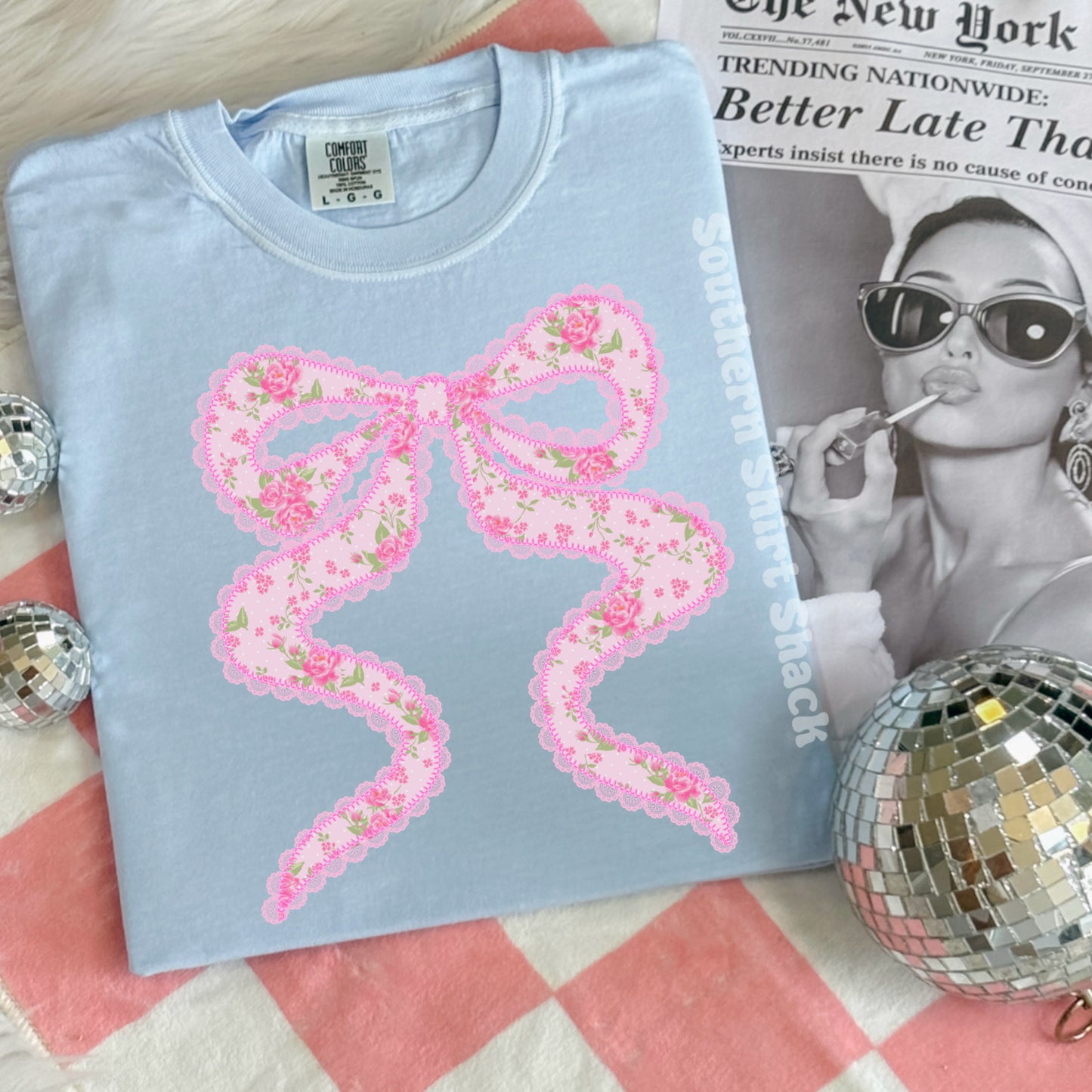 Fancy floral bow Comfort Colors tee | Light Blue