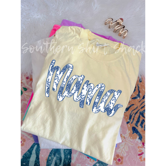 Blue and White floral mama Comfort Colors tee | Banana