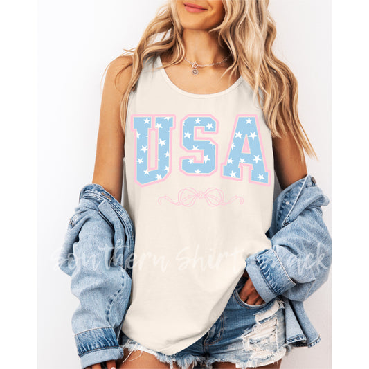Pink & Blue USA bow Comfort Colors tank | Ivory