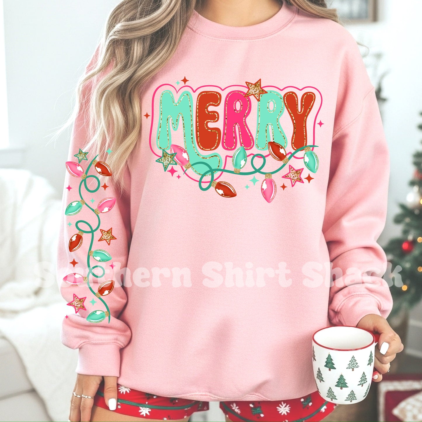 MERRY Christmas Lights With Sleeve | Light Pink Sweatshirt