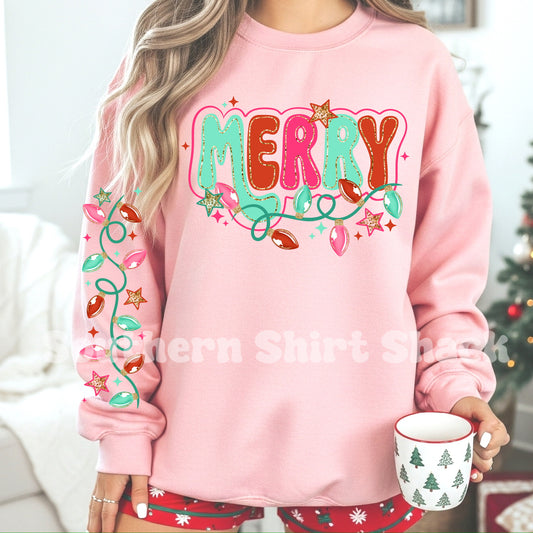 MERRY Christmas Lights With Sleeve | Light Pink Sweatshirt