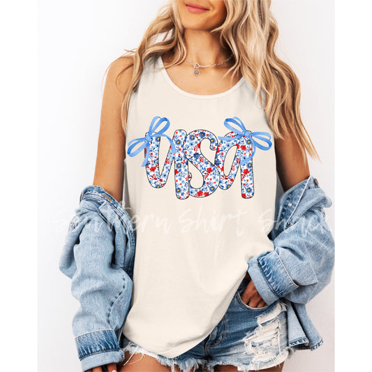 Floral USA bows Comfort Colors tank | Ivory
