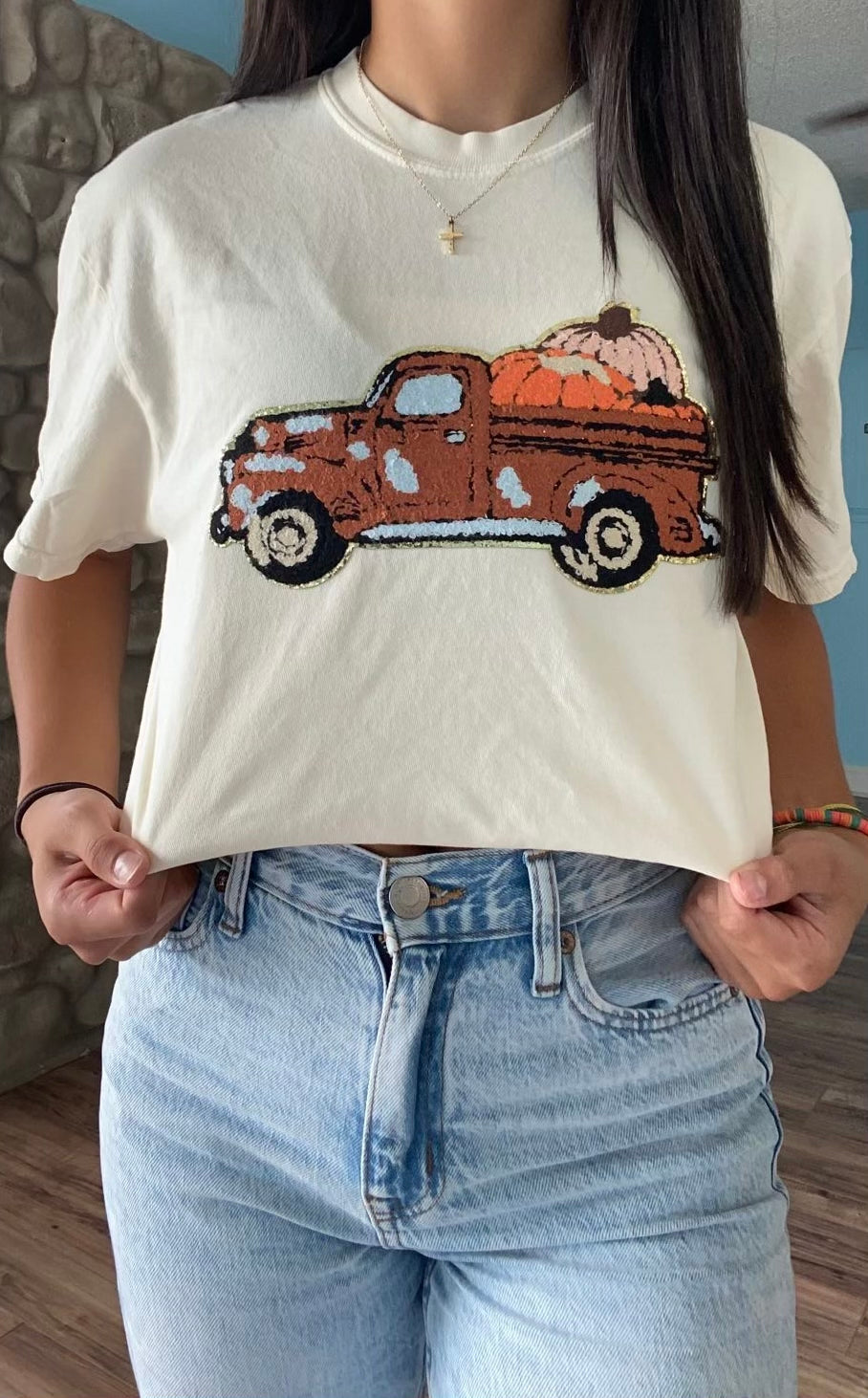 Fall Farm Truck Chenille Patch comfort colors tee