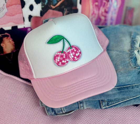 Disco Cherries White/Pink Trucker Hat | READY TO SHIP