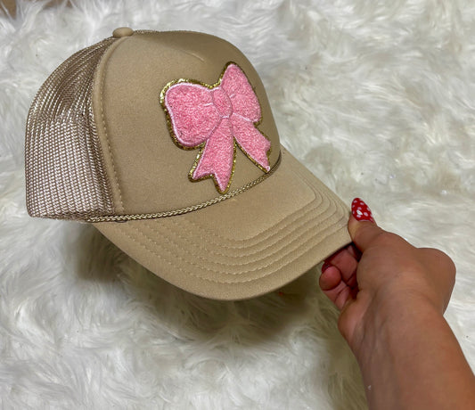 Pink Bow Tan Trucker Hat | READY TO SHIP