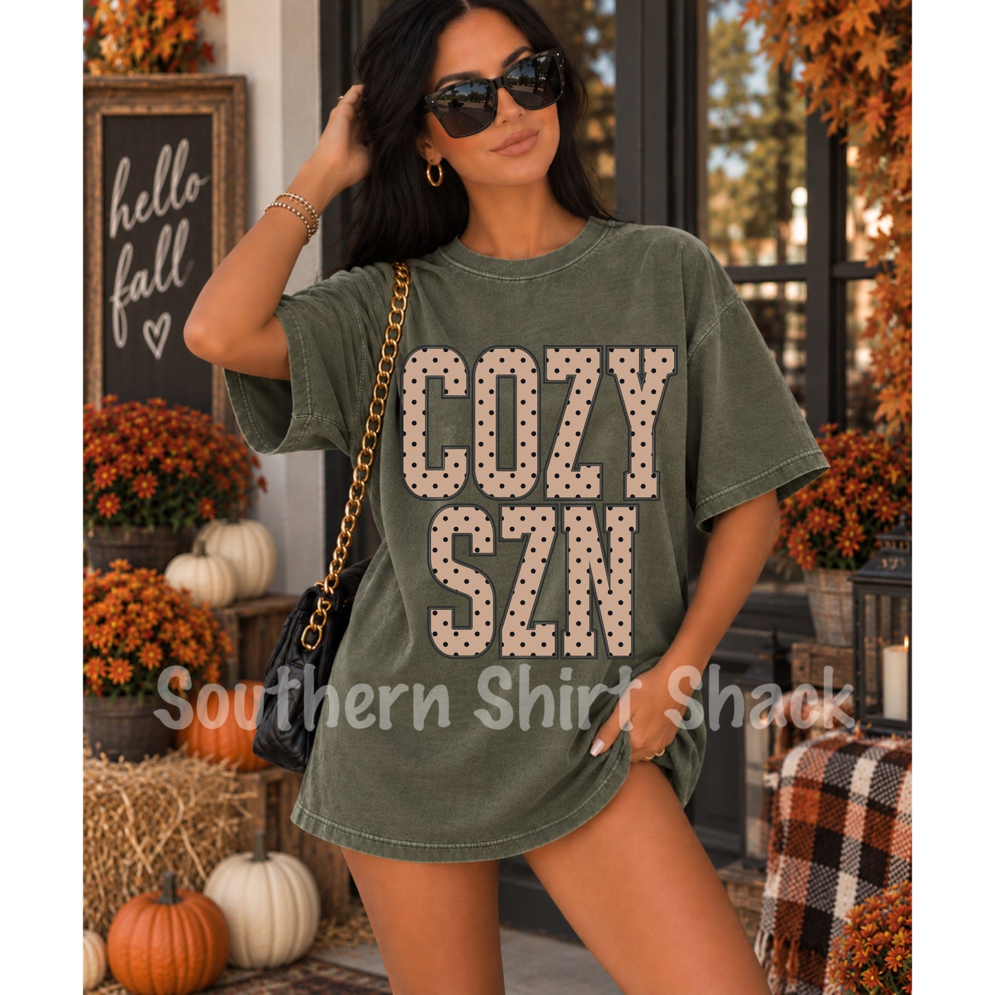 Cozy Szn polka dots | Moss Comfort Colors tee