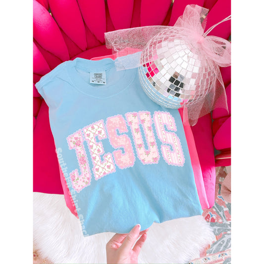 Fancy floral JESUS Comfort Colors tee | Light Blue