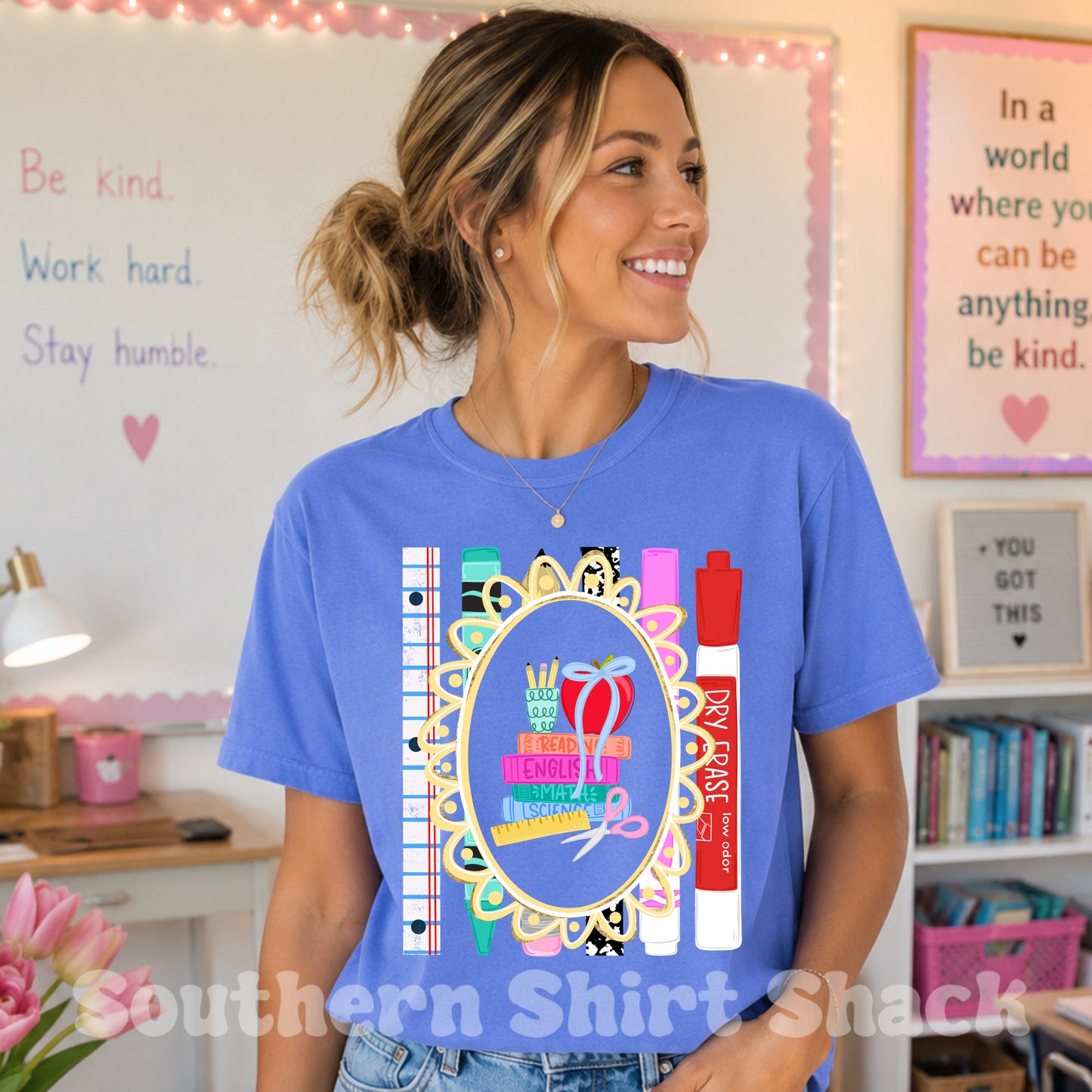 Teacher Books & Markers Frame Comfort Colors tee | Flo blue