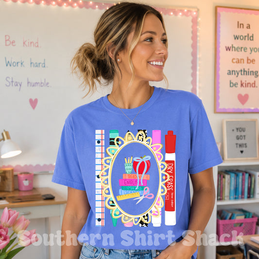 Teacher Books & Markers Frame Comfort Colors tee | Flo blue