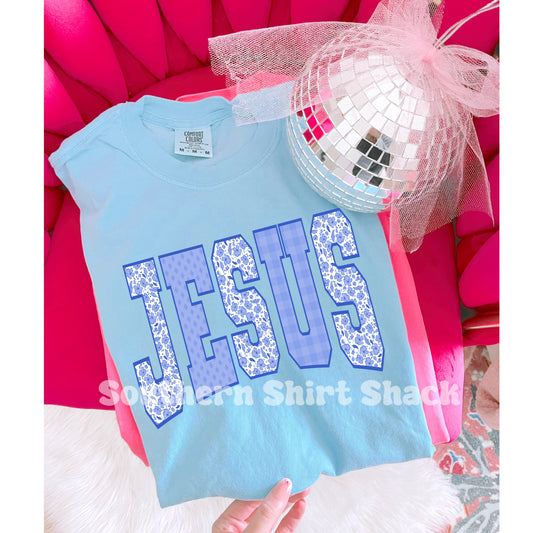 Blue Floral Jesus Comfort Colors tee | Light Blue