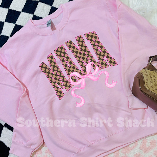 Checkered Mama Bow Sweatshirt | light pink