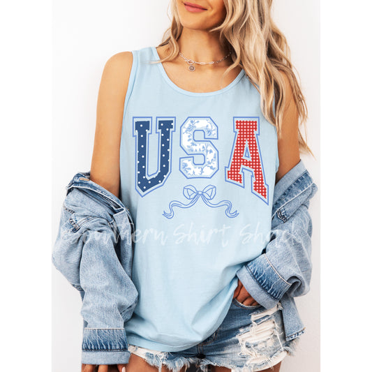 USA Gingham Floral Bow Comfort Colors tank | Light Blue