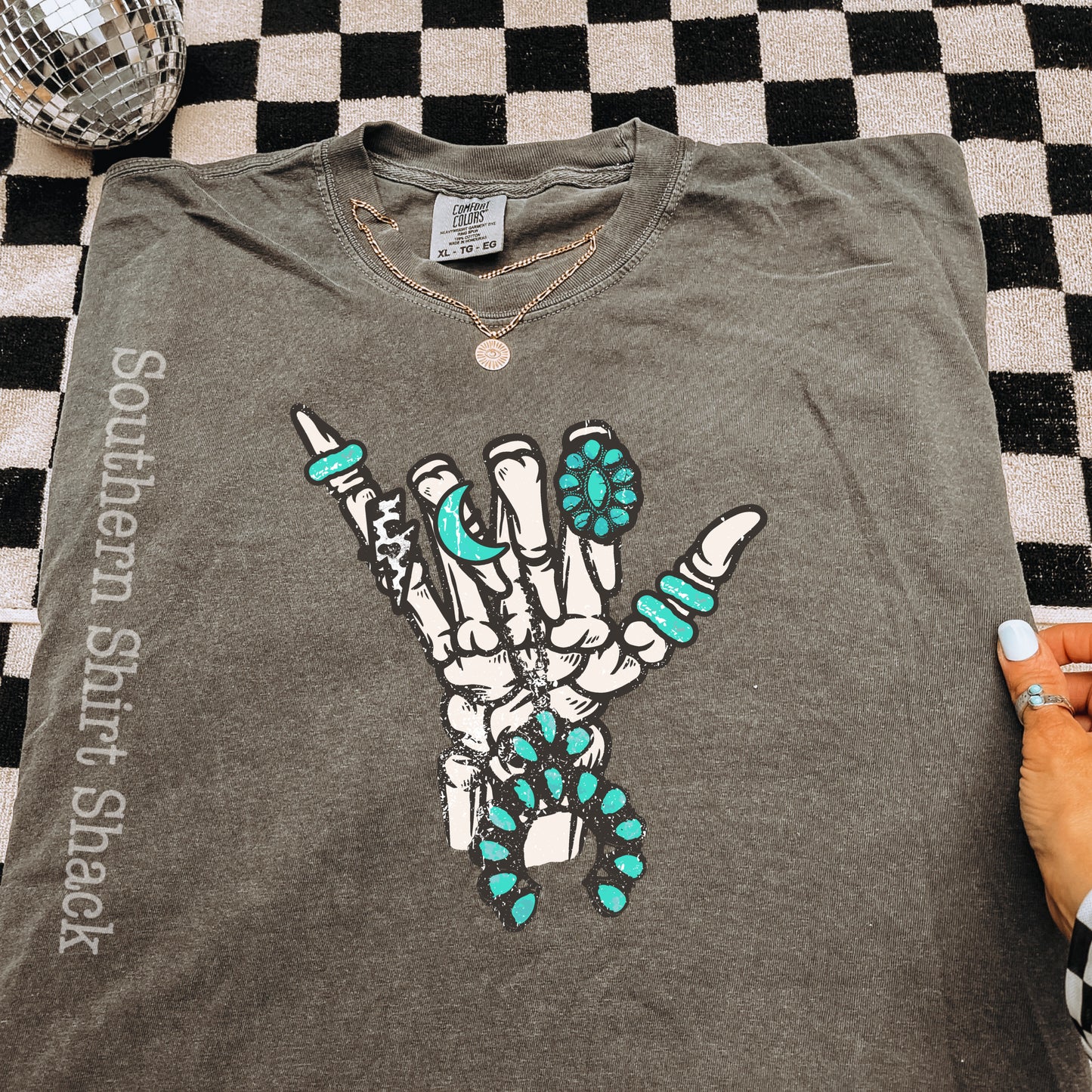 Turquoise Skelly Hand | Pepper Comfort Colors tee