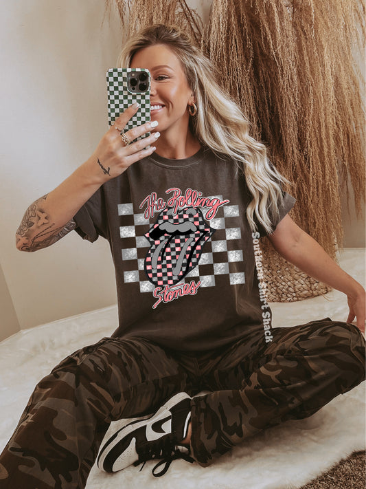 Pink & Gray Checkered Rolling Tongue | Pepper Comfort Colors Tee