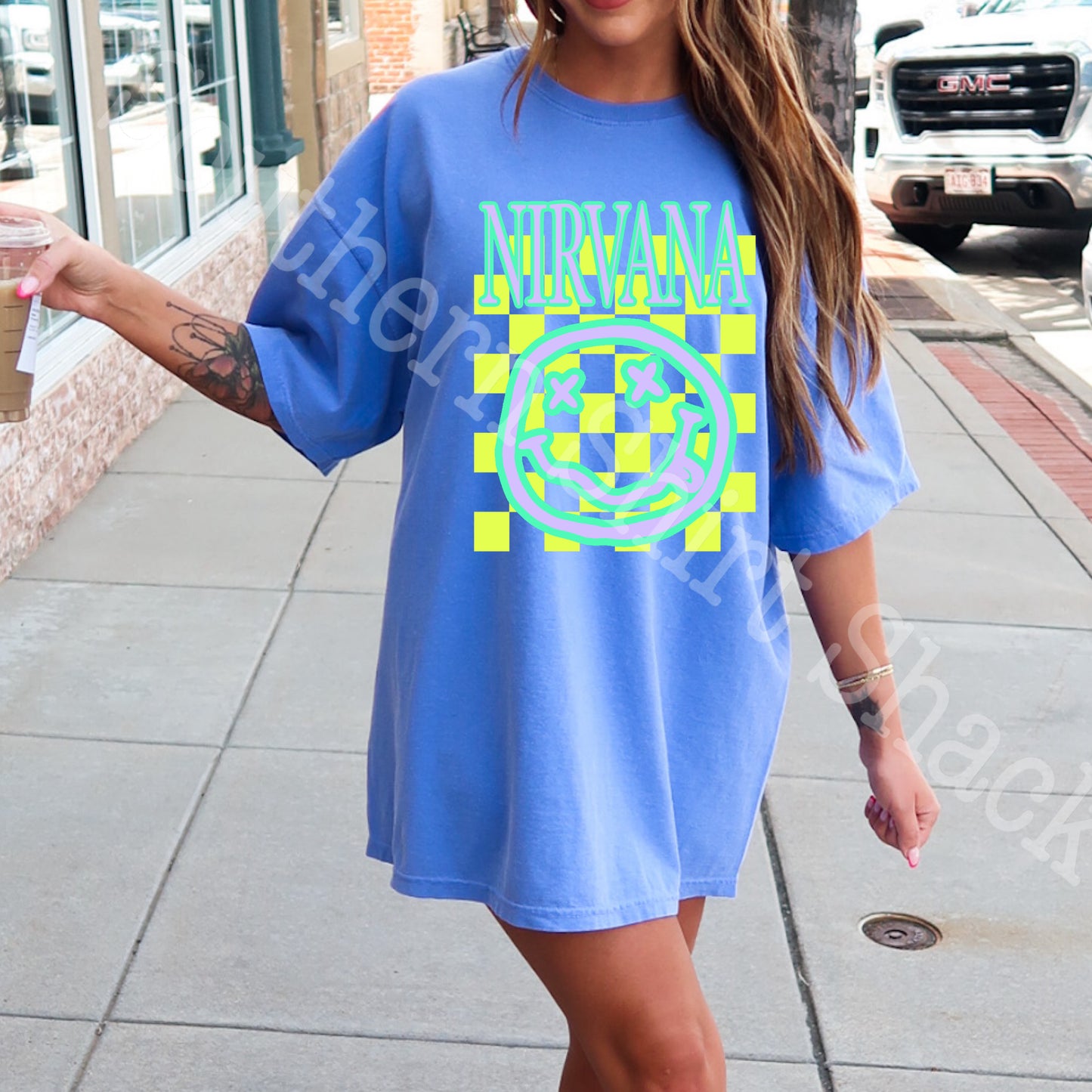 Yellow & Aqua Nirv@na| Flo Blue Comfort Colors tee