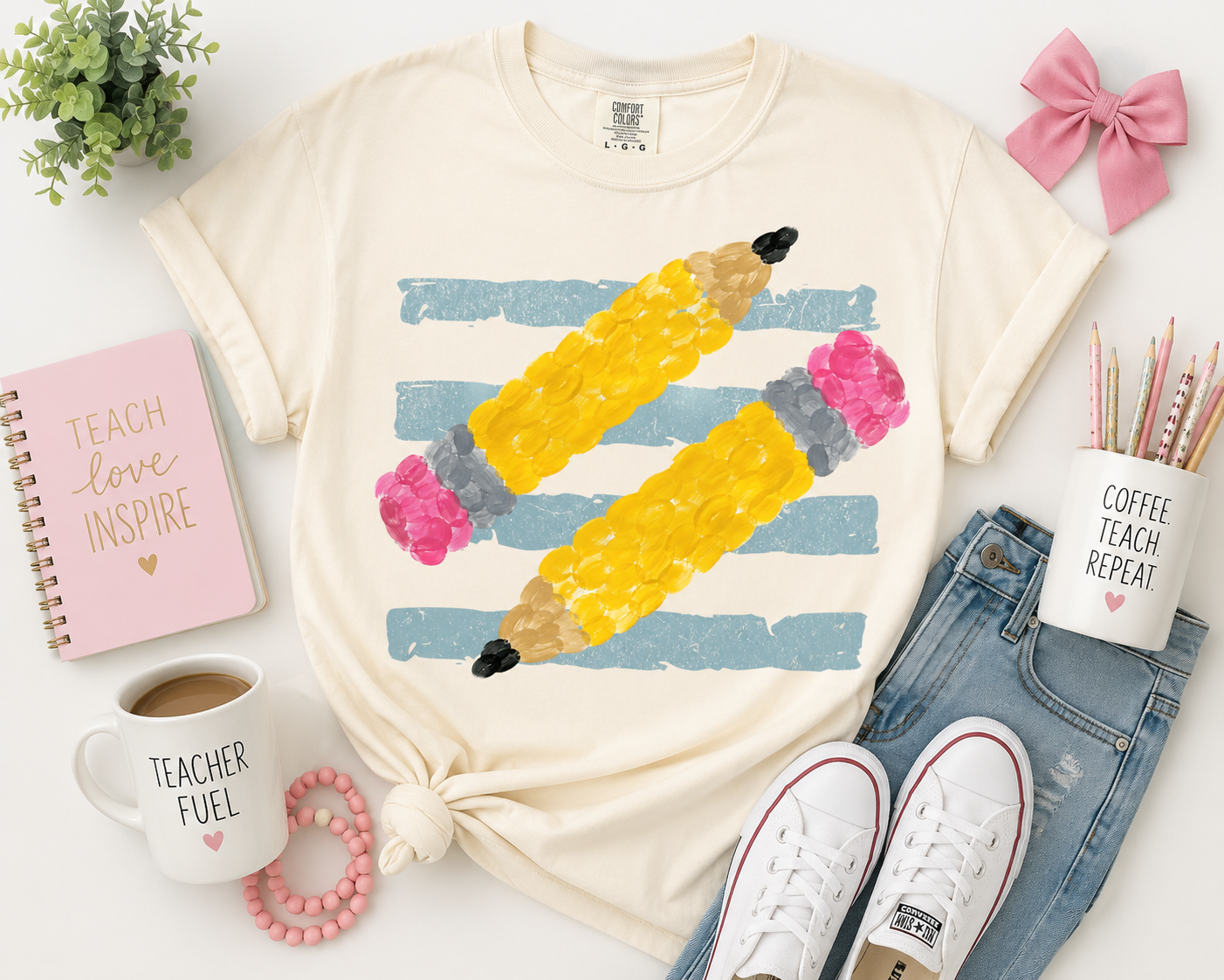 Preppy Pencils & Stripes Comfort Colors tee | Ivory