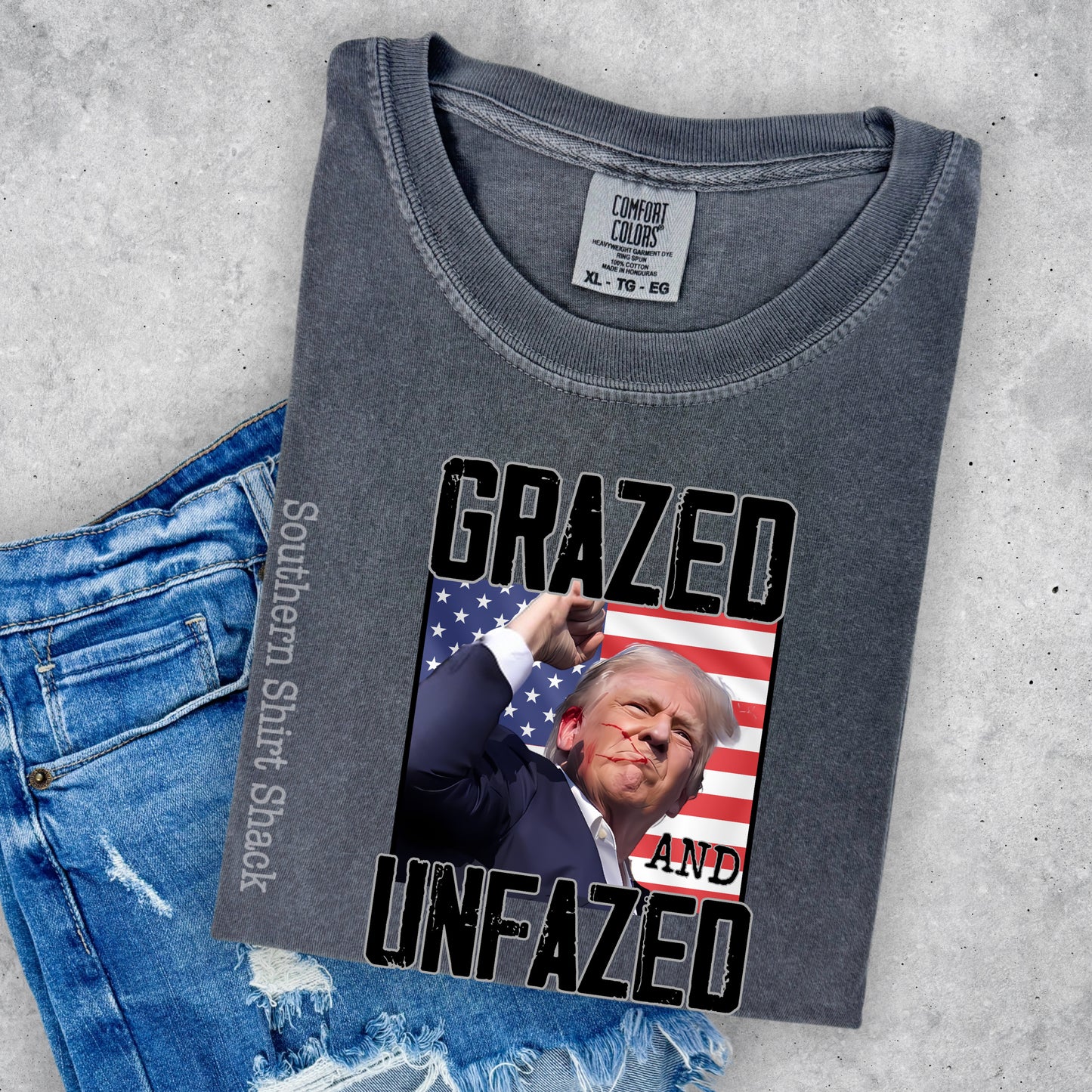 Trump Grazed & Unfazed Flag CC tee