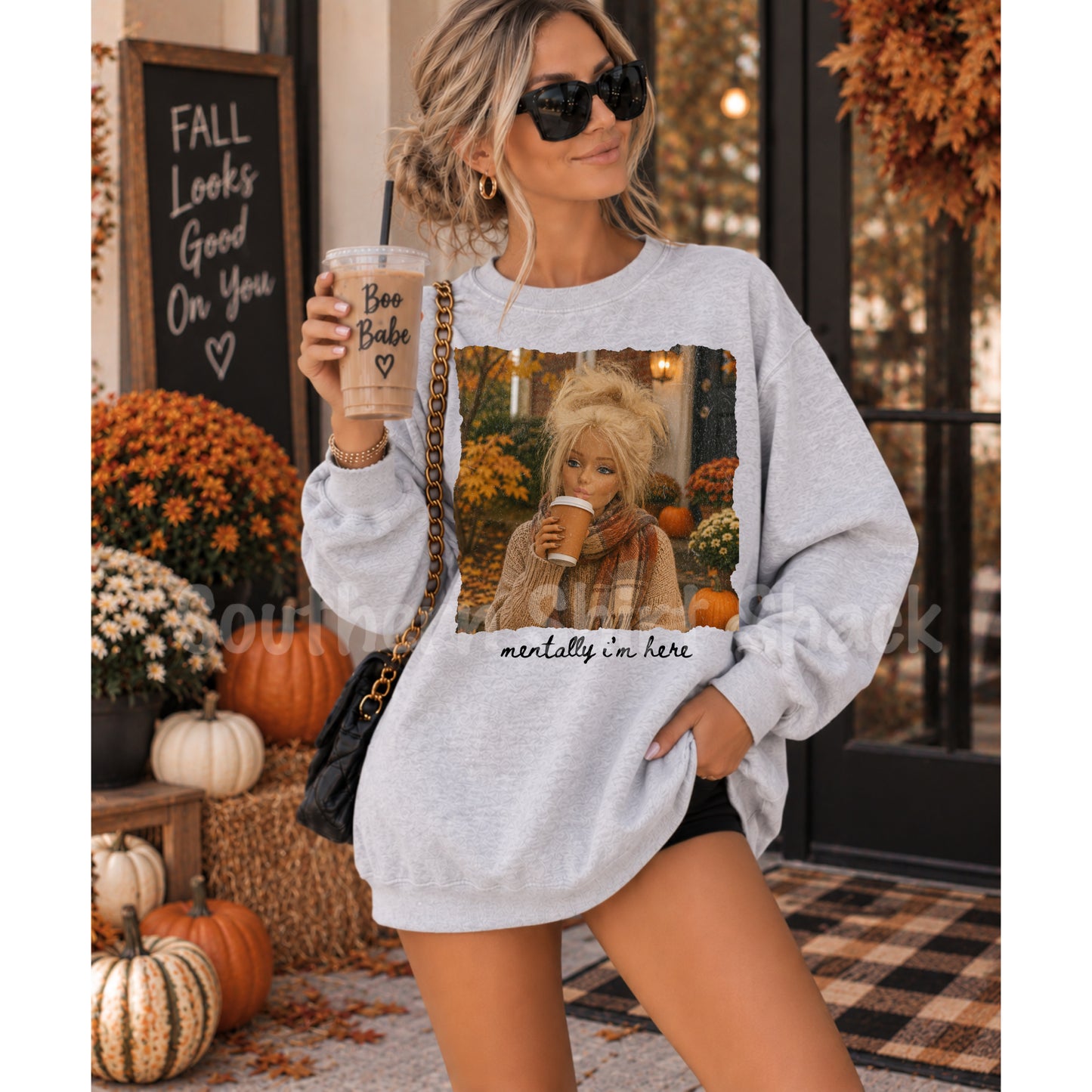 Mentally I’m here Fall Blonde Doll Sweatshirt | Ash gray