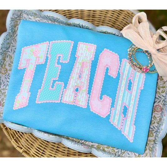 Fancy Floral TEACH Comfort Colors tee | Lagoon Blue
