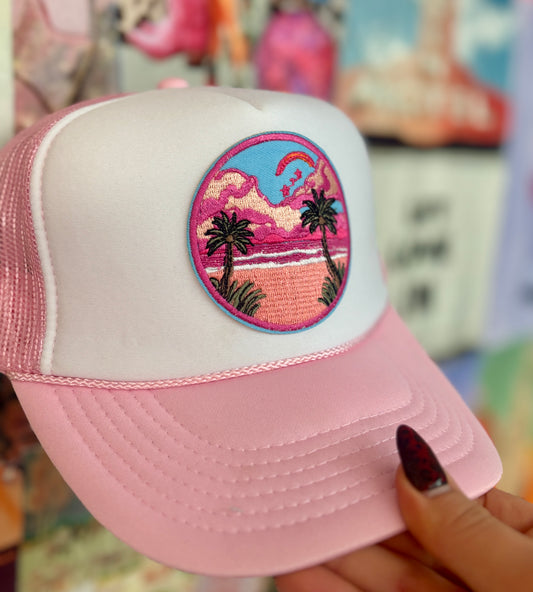 Tropical Beach White/Pink Trucker Hat | READY TO SHIP