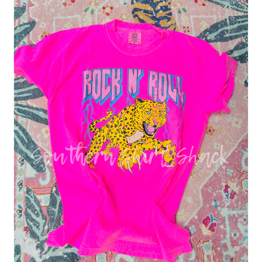 Rock n Roll Cheetah Comfort Colors tee | Neon Pink