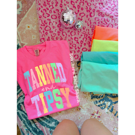 Tanned and Tipsy Comfort Colors tee | Neon Pink