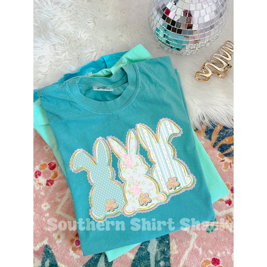 Fancy floral bunny trio Comfort Colors tee | Seafoam