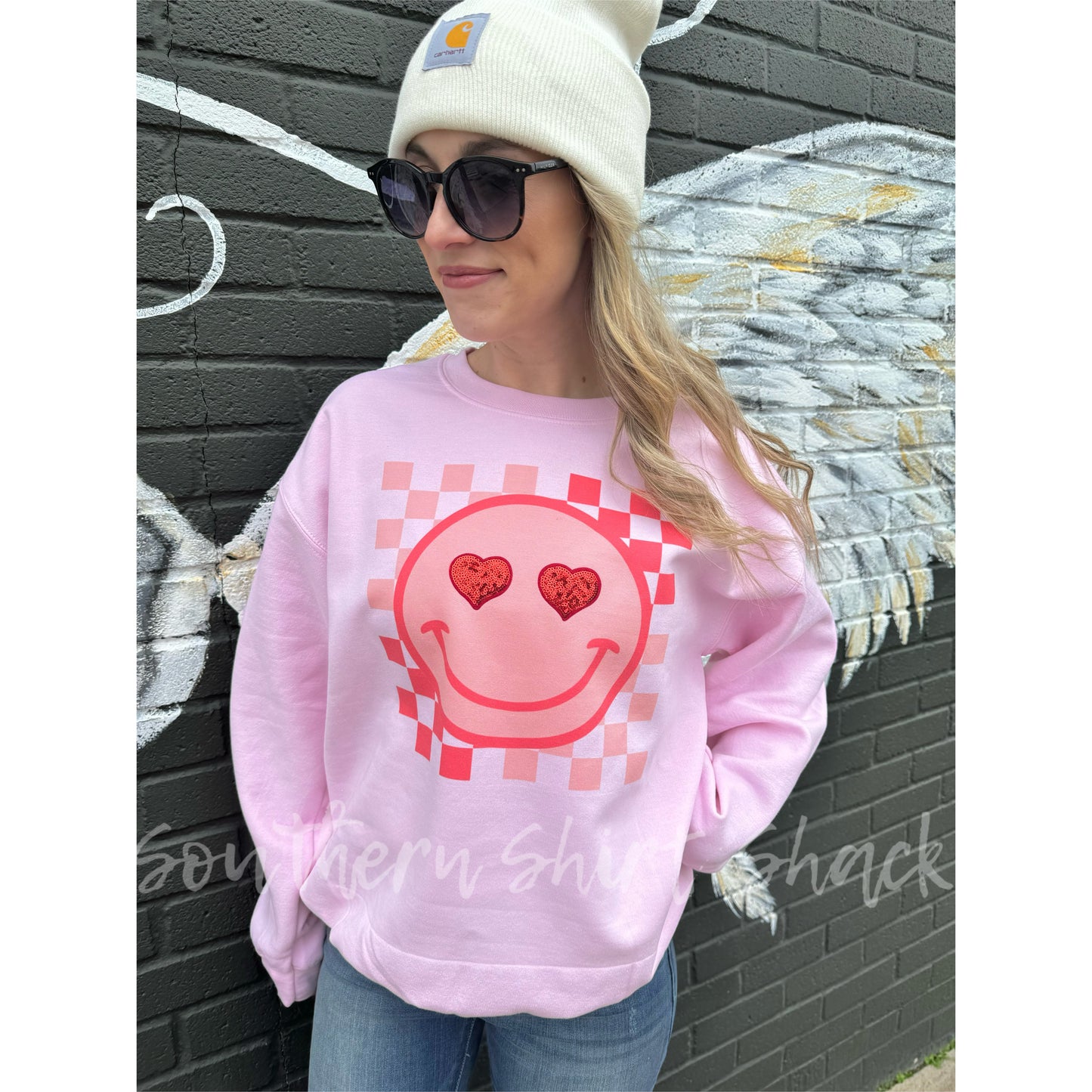 Checkered Smiley Sequin Patch Heart Eyes | Light Pink Sweatshirt