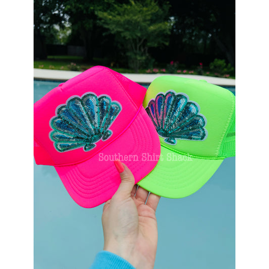 Sequin Seashell Neon Trucker Hat