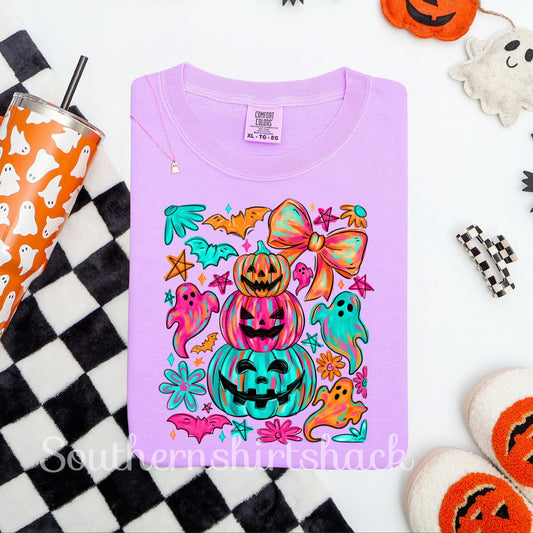 Neon Halloween Pumpkins | Neon Violet Comfort Colors tee