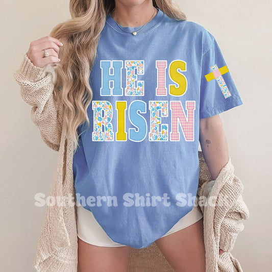 Floral pastels HE IS RISEN cross sleeve Comfort Colors tee | Light Blue