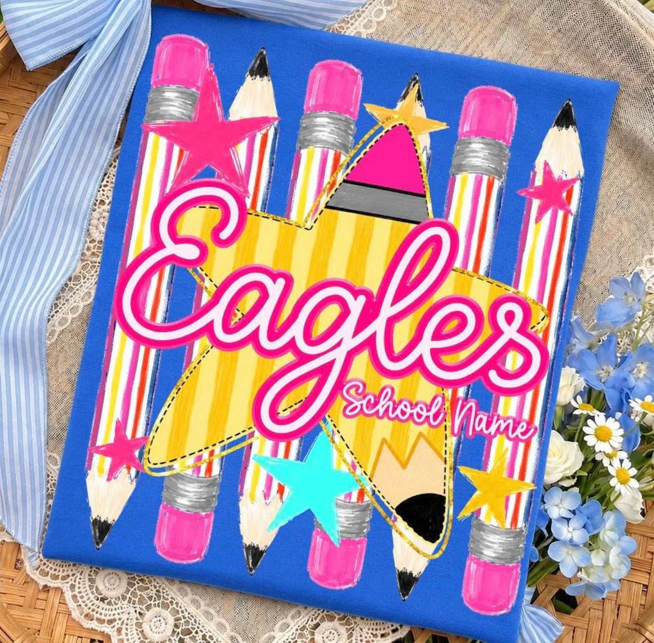 Custom School Name & Mascot Comfort Colors tee | Flo blue | ADD JOB CUSTOMIZATION IN NOTES BEFORE CHECKOUT