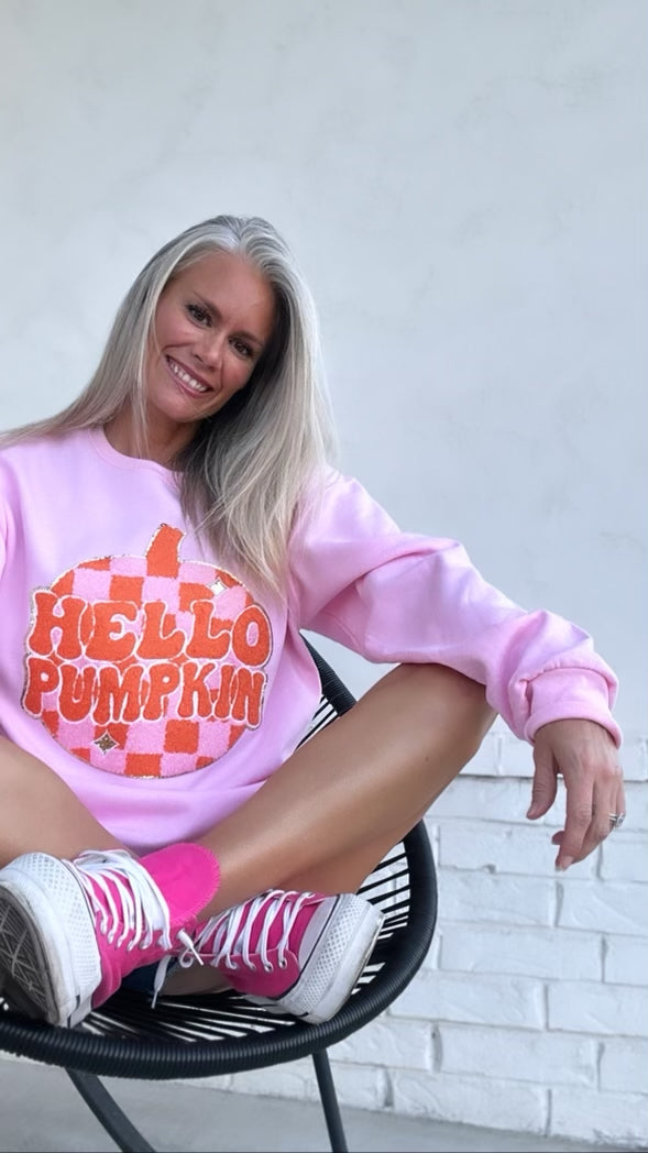 Hello Pumpkin Pink Chenille Patch Sweatshirt