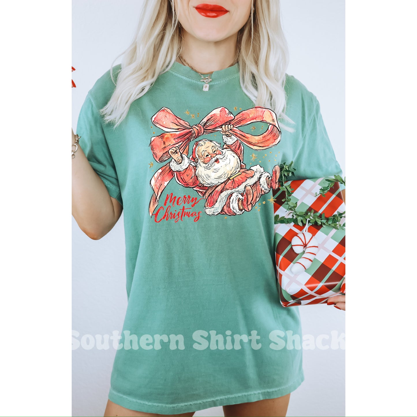 Merry Christmas Bow Santa | Light Green Comfort Colors Tee