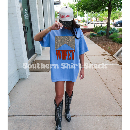 Camo Wifey Comfort Colors tee | Flo blue