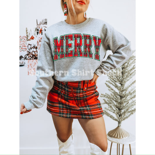 Red and Green Plaid Merry | Ash Gray Sweatshirt