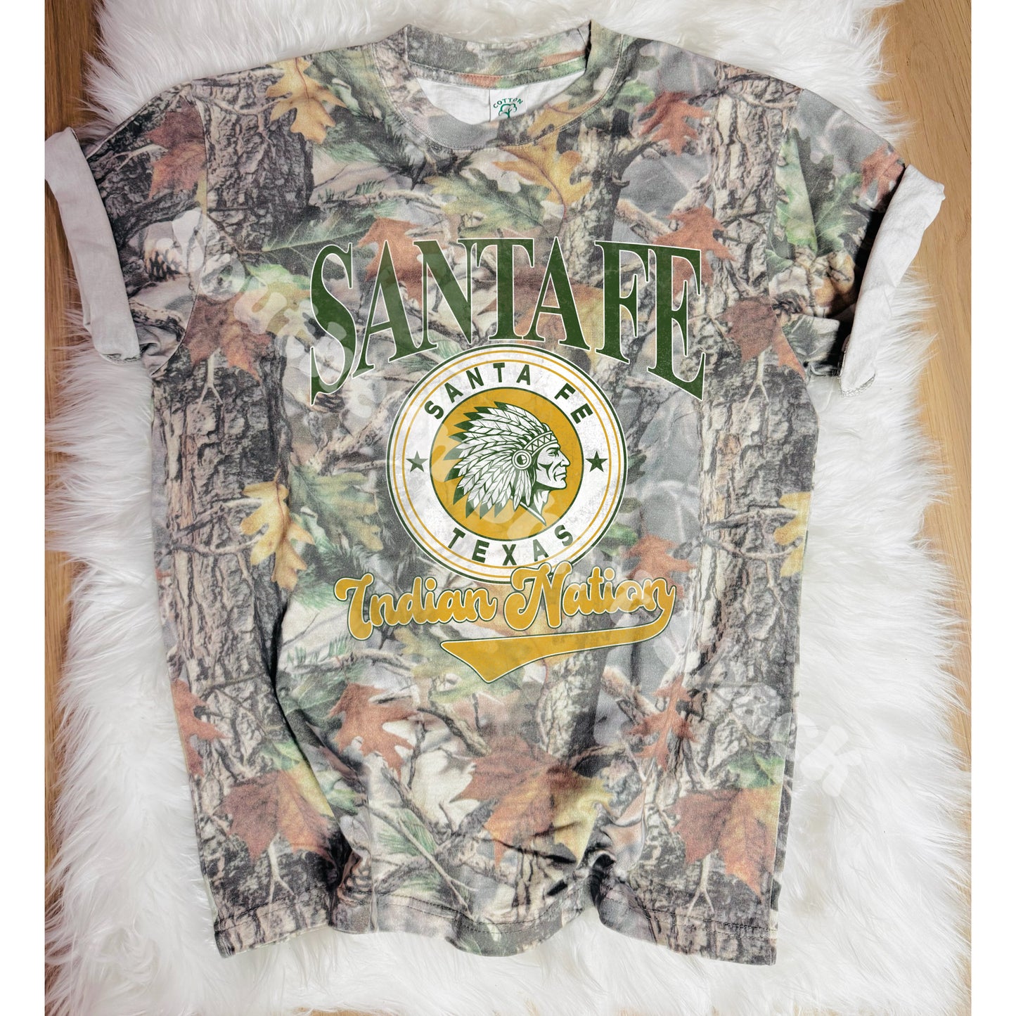 Varsity School Town Spirit Shirt | Green Leaf Camo Cotton Tee
