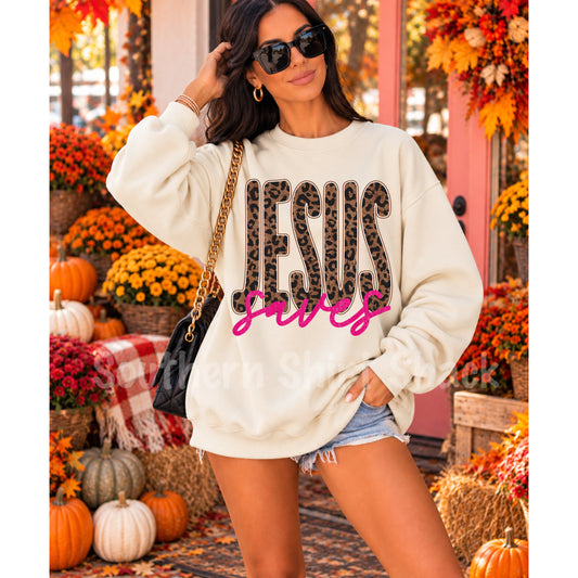 Dark Leopard JESUS SAVES Cream Gildan Softstyle Sweatshirt