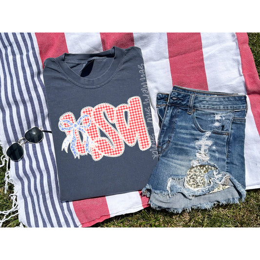 Gingham USA Bow | Denim Comfort Colors tee