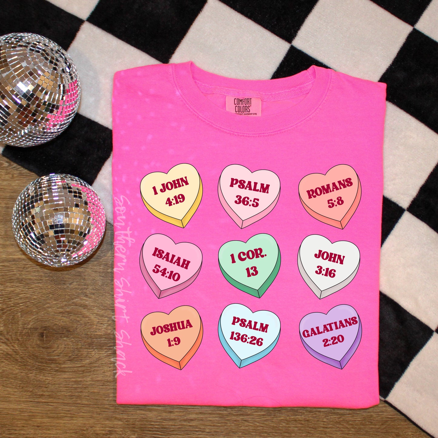 Bible Verse Conversation Hearts | Neon Pink Comfort Colors tee