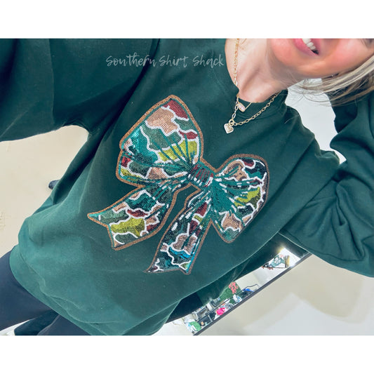 Sequin Camo Bow Patch Sweatshirt | Forest Green