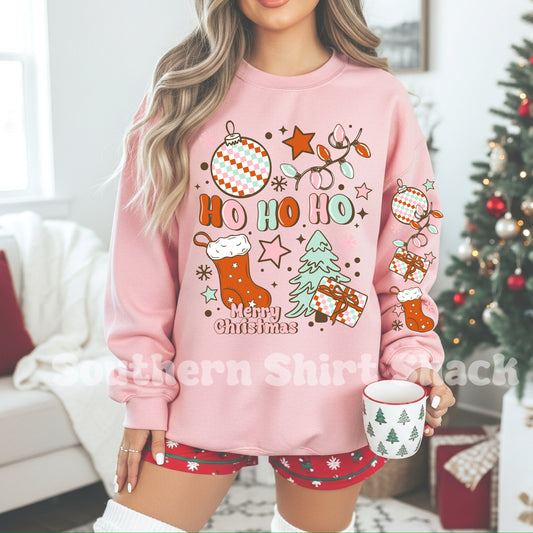 Ho Ho Ho Christmas Collage With Sleeve | Light Pink Sweatshirt