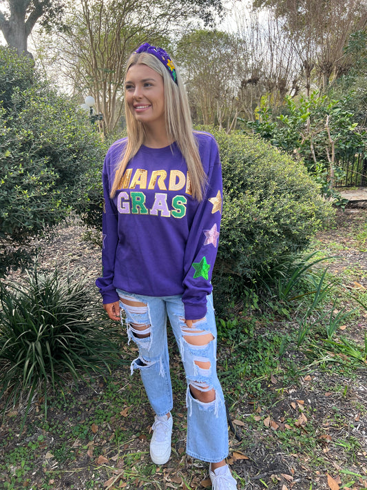 Mardi Gras Chenille Patch Star Sleeve Sweatshirt