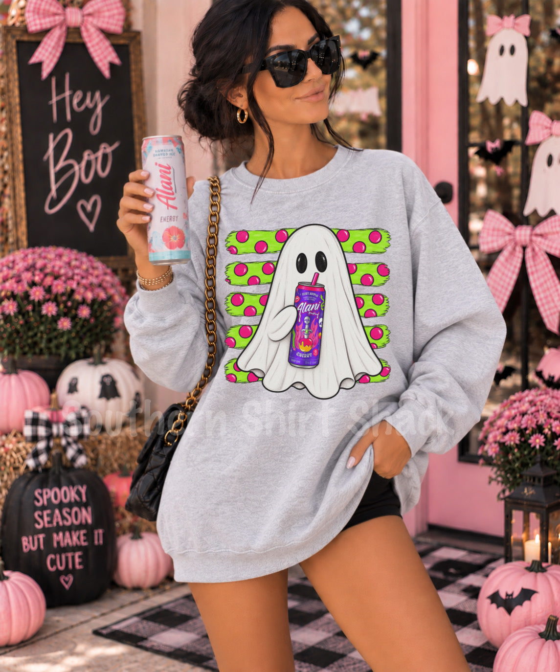 Striped Polka Dot Ruby Apple Energy Drink Ghosty Sweatshirt | Ash gray