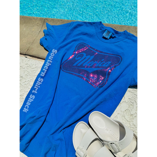 Merica Beer flat sparkle Comfort Colors tee | Flo blue | READY TO SHIP