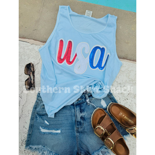 USA Sequin Patch Comfort Colors tank | Light Blue