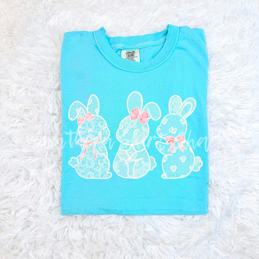 Lace Bunny Trio Comfort Colors tee | Lagoon Blue