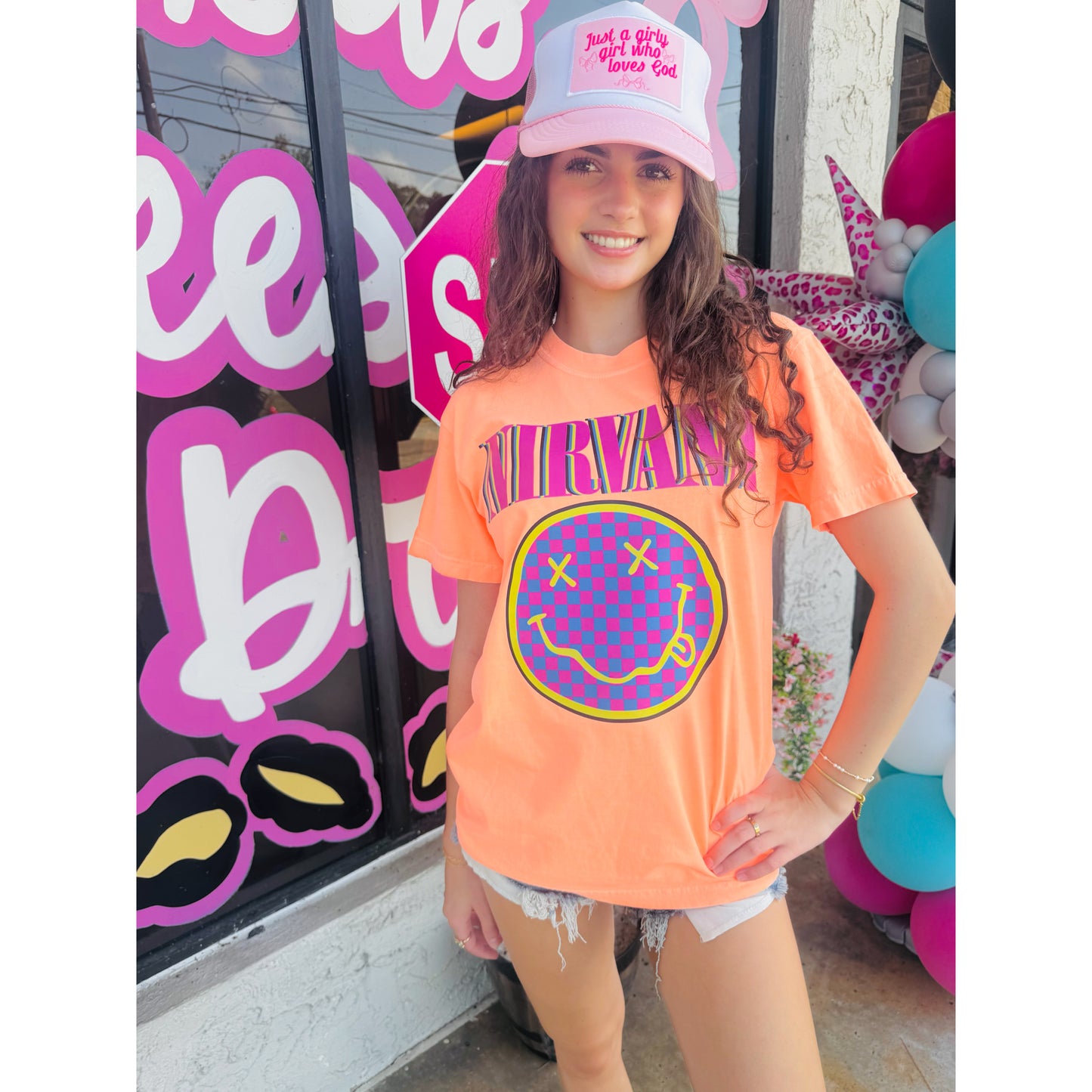 Checkered Smiley N!rv@NA | Neon Cantelope Comfort Colors Tee
