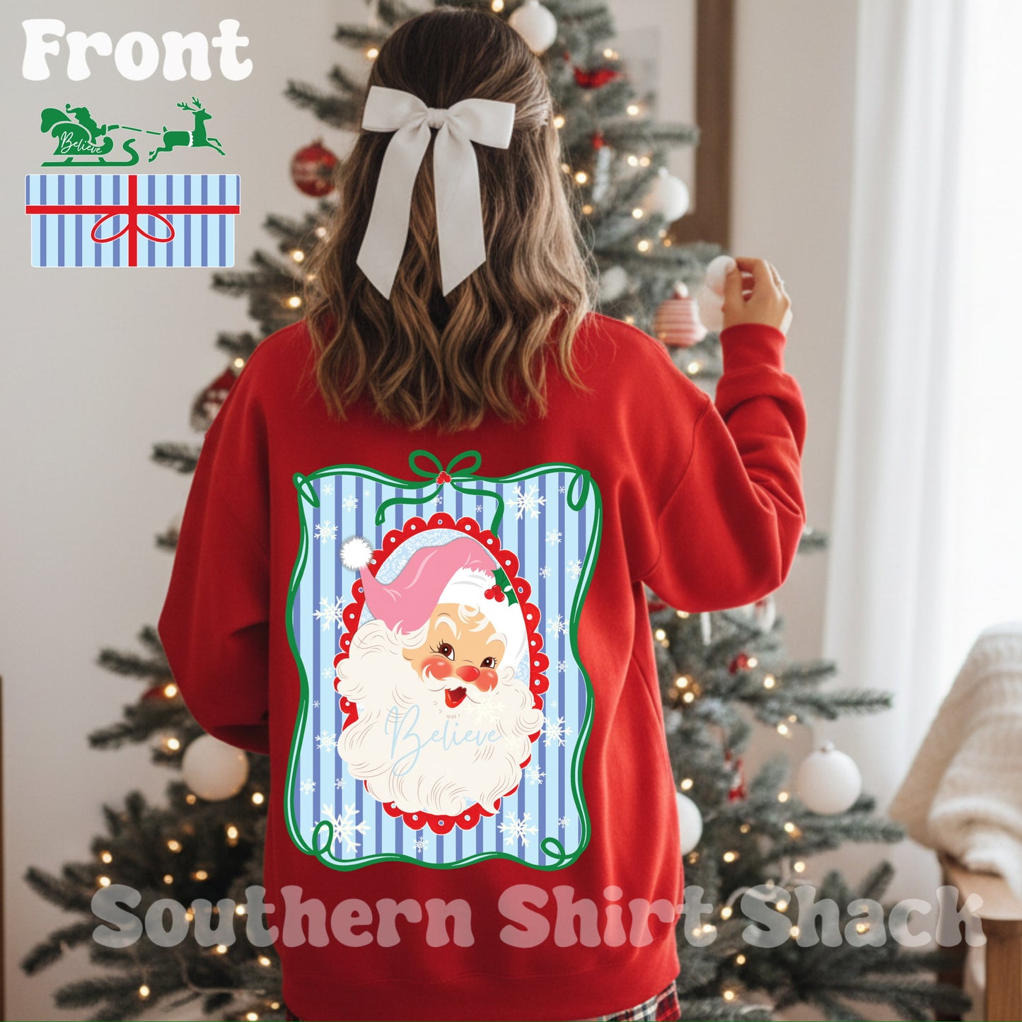 Vintage Blue Stripes Santa | Red Sweatshirt